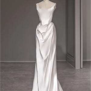 Elegant Square Neck Satin Corset Wedding Dress, Draped Waist with Low V-Back, Modern Simple Wedding Gown - SOPHIE