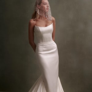 Modern Satin Wedding Dress – Strapless Mermaid Bridal Gown with Dramatic Train - CHARLOTTE