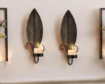 Bougeoir mural en forme de feuille - Décoration murale élégante en fer pour une ambiance chaleureuse, accent vintage dans la maison, bougeoir suspendu en métal noir
