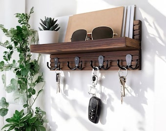Rustic Walnut Wooden Key Holder, Doorway Mail & Key Hanger with Shelf, Wood Key Hook for Wall Organization, Home Décor, Office Organization
