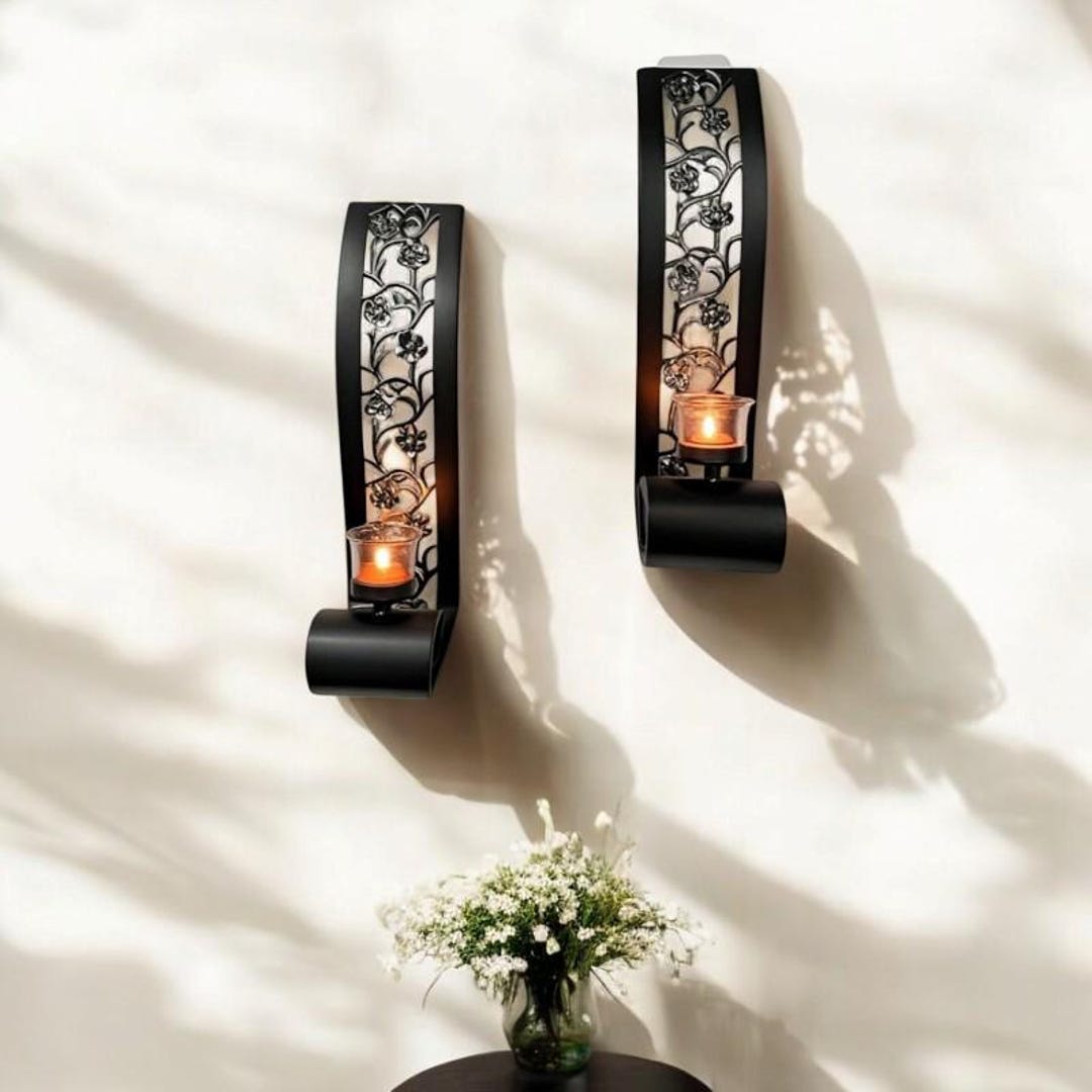 Set Of 2 Metal Wall Candle Sconces – Rustic Black Iron Holder For Stick Candles, 13x7.4x14.9 Inches