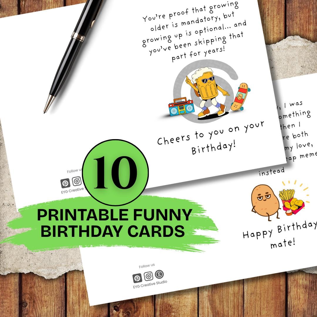 Funny Birthday Cards Printable: Humorous A4 Greeting Card Set (digital