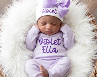 Personalized Baby Girl Coming Home Outfit: Soft Cotton Romper, Hat with Bow