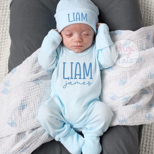 Personalized Baby Boy Coming Home Outfit: Cotton Blend Romper and Hat