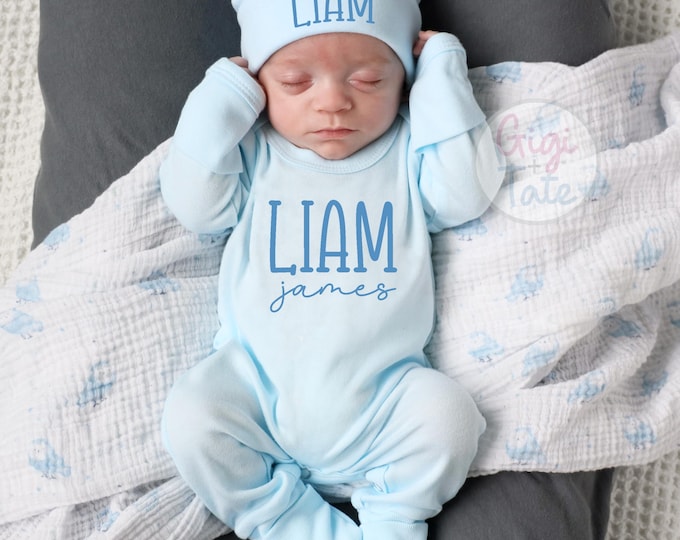 Personalized Newborn Boy Coming Home Outfit: Baby Boy Blue Romper & Hat