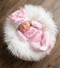 Newborn Girl Coming Home Outfit, Personalized Romper and Pink Bow