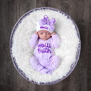 Newborn Girl Coming Home Outfit, Personalized Romper and Pink Bow image 14