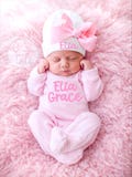 Newborn Girl Coming Home Outfit, Personalized Romper and Pink Bow