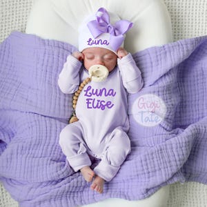 Newborn Girl Coming Home Outfit, Personalized Romper and Pink Bow image 16