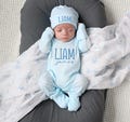 Personalized Newborn Boy Coming Home Outfit: Baby Boy Blue Romper & Hat