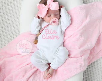 Personalized Baby Girl Coming Home Outfit, Pink Bow Headband