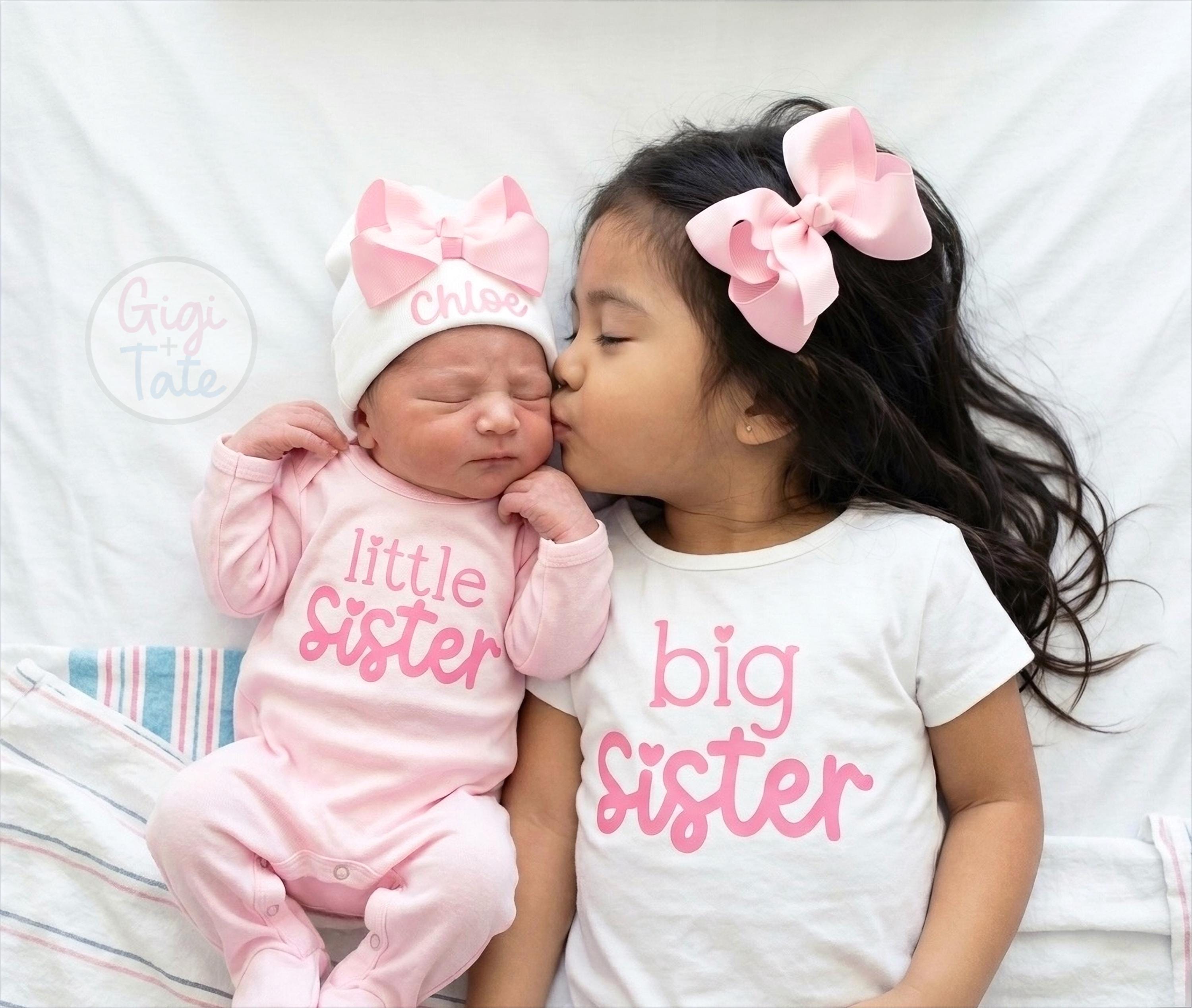 Matching Big Sister Little Sister Outfit Set, Personalized Bow Romper & Shirt