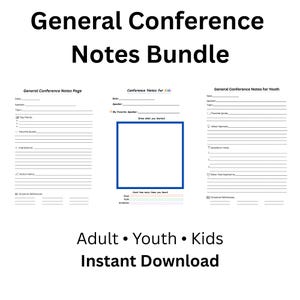 General Conference Notes Printable Bundle – LDS Conference Packet – Adult, Youth, Kids 1 page each – Instant Download