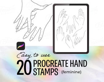 以下が含まれることがあります： Procreate アプリで使用できる 20 個の手のスタンプのデジタルイラスト。スタンプは、さまざまなポーズをとった女性の手です。画像の下には、「使いやすい 20 個の Procreate 手スタンプ（女性用）」というテキストが表示されています。