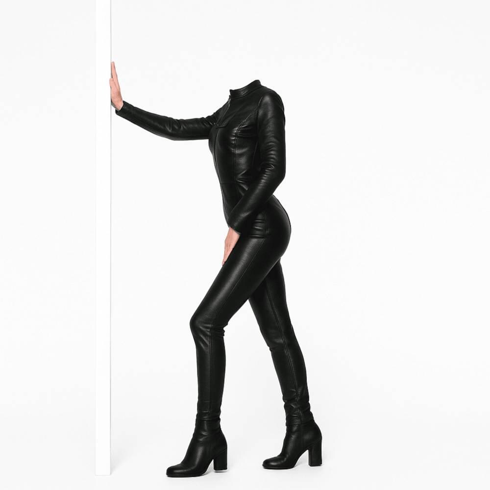 Women Genuine Leather Club Wear Echt Leer Catsuit With Sleeves Soft ...