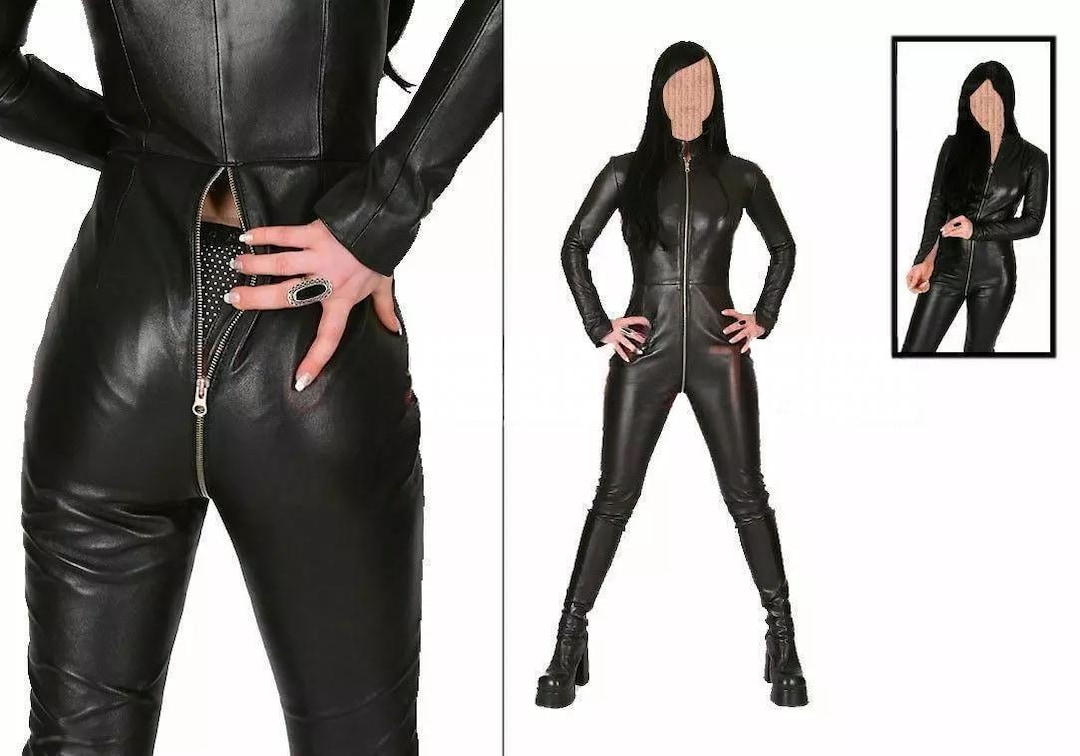 Women Genuine Leather Club Wear Echt Leer Catsuit With Sleeves Soft ...