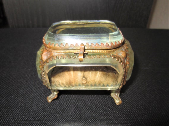 Antique Ormolu Thick Glass Jewelry Casket Box