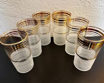 Set of 6 Vintage Glasses with Gold and Frosted Glass Bands