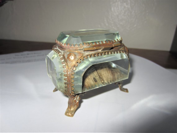 Antique Ormolu Thick Glass Jewelry Casket Box