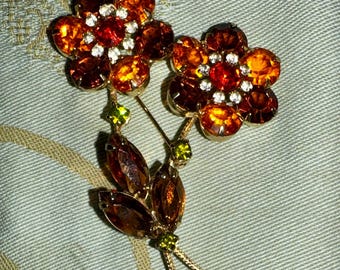 Vintage Floral Brooch With Orange And Root Beer Rhinestones