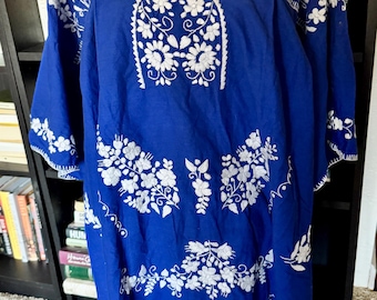 Vintage Mexican Dress in Vivid Blue with White Embroidery