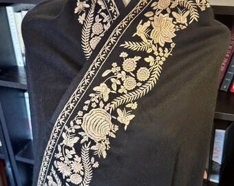Vintage Black and Gold Embroidered Pashmina Shawl Wrap Scarf