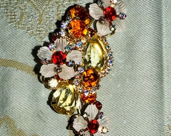Vintage Floral Brooch Sparkling Citrine, Amber, Gold Stones, Three Inch Length