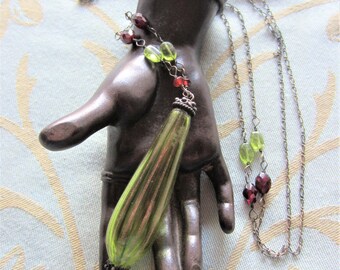 Vintage Peridot and Garnet Opera Length Necklace with Venetian Glass Pendant
