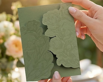 Sage Green Embossed Floral Invitation Jacket: Wedding Invite Cover for 5x7 Cards