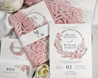Blush Pink Rose Laser Cut Wedding Invitation: Monogrammed Belly Bands