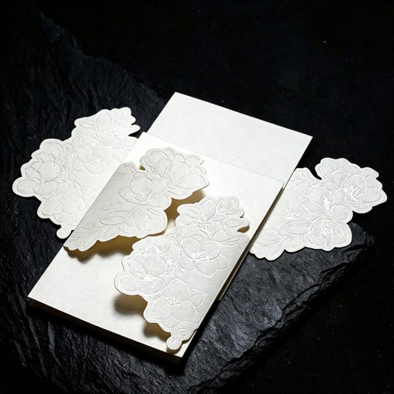 Ivory White Embossed Floral Wedding Invitation Outer Jacket Sleeve for 5x7 Invite Cards