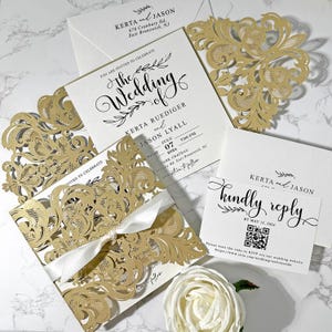 50 invitaciones de boda cortadas a láser en oro con tarjetas RSVP, plantilla de invitación de boda, diseño de texto personalizado - Juego de 50 piezas
