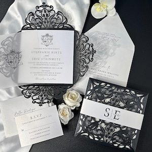 50 stuks zwart-wit lasergesneden huwelijksuitnodiging en RSVP, monogram uitnodigingskaart, elegant trouwlogo - set van 50 stuks