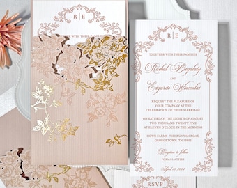 Bloemenhuwelijksuitnodiging goudfolie: blushroze handgemaakt papier, QR-code RSVP