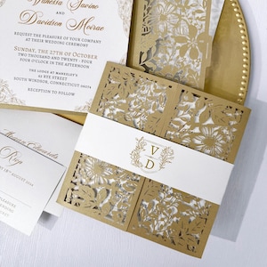 Gold Laser Cut Hochzeitseinladungs-Set: Florales Bauchband, 50St