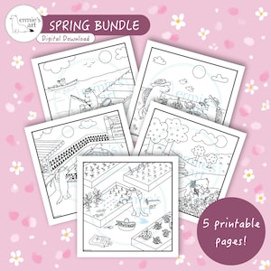 Cute Spring Coloring Pages - Digital Download Bundle | Cute Animals and Ermines, Printable Pages for Relaxing Fun