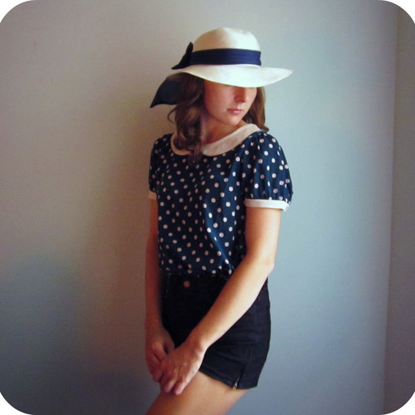 straw beach hat CLASSIC race track hat with navy blue bow