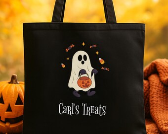 Personalized Ghost Halloween Tote Bag: Custom Trick or Treat Sack