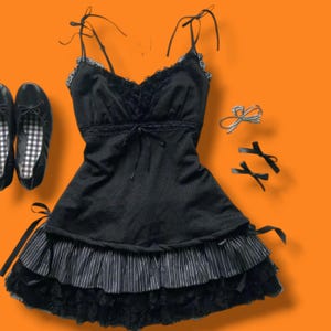 Y2K Goth Camisole Top and Skirt Set, Black Lace Bow Tank & Striped Ruffle Mini Skirt, Grunge Streetwear Aesthetic Outfit, Halloween Clothes