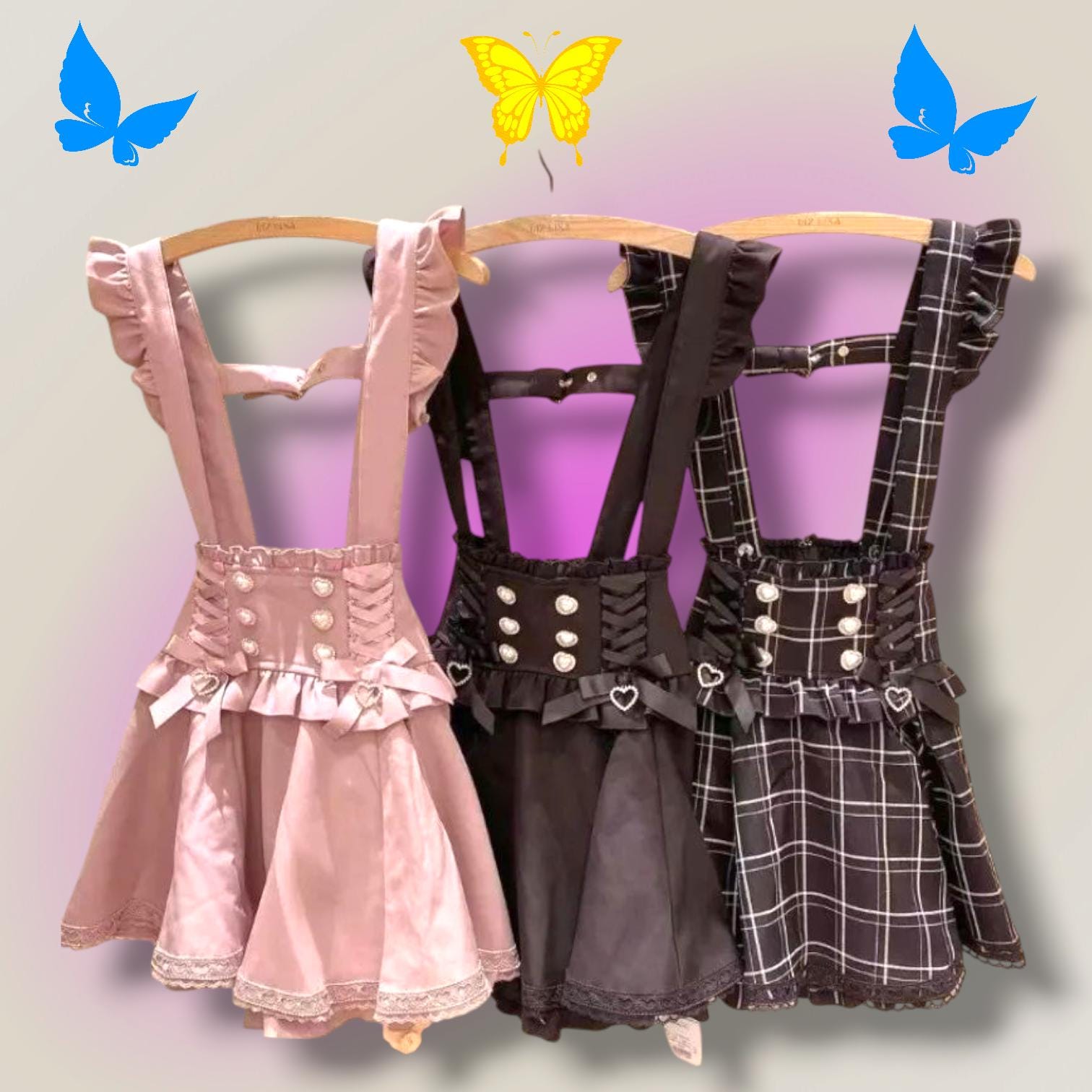 Women's Gothic Suspender Skirt, Bow Pearl Ruffle Lace Mini Skirt, Plaid A-Line Suspender Dress, Cute Gothic Outfit, Gift for Her, Mom Gifts
