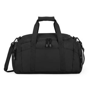 Könnte beinhalten: Eine schwarze Sporttasche mit einem oberen Griff und einem abnehmbaren Schultergurt. Die Tasche hat zwei Reißverschlussfächer oben und zwei Seitentaschen. Hergestellt aus strapazierfähigem Material, ideal für Reisen oder das Fitnessstudio.