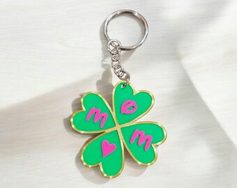 Clover Keychain MOM or DAD: Lucky Four Leaf Bag Charm Zipper Pulls