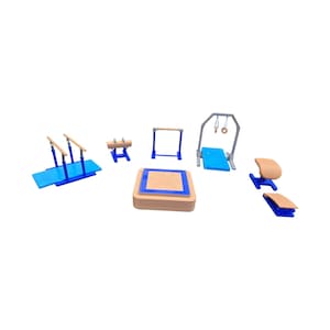 May include: A collection of miniature gymnastics equipment, including parallel bars, a pommel horse, a horizontal bar, a balance beam, rings, and a vaulting table. The equipment features blue and tan color schemes.