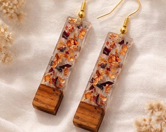 Real Rose Petal Resin Earrings | Walnut Wood Dangle Jewelry | Rose Gold Flake Accent