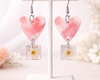 Heart & Floral Resin Marbled Earrings