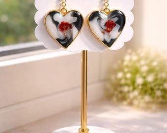 Marble Heart Resin Earrings with Real Red Flowers | Gold Dangle Handmade Jewelry