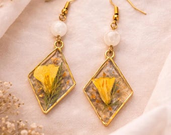 Pressed Yellow Flower Resin Earrings with Pearl Accent, Botanical handmade dangle Jewelry