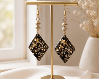 Black and Gold Resin Earrings with Gold Leaf | soft luxury | Botanical Dangle Jewelry