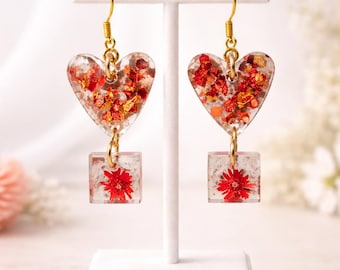 Heart & Floral Resin Dangling Earrings