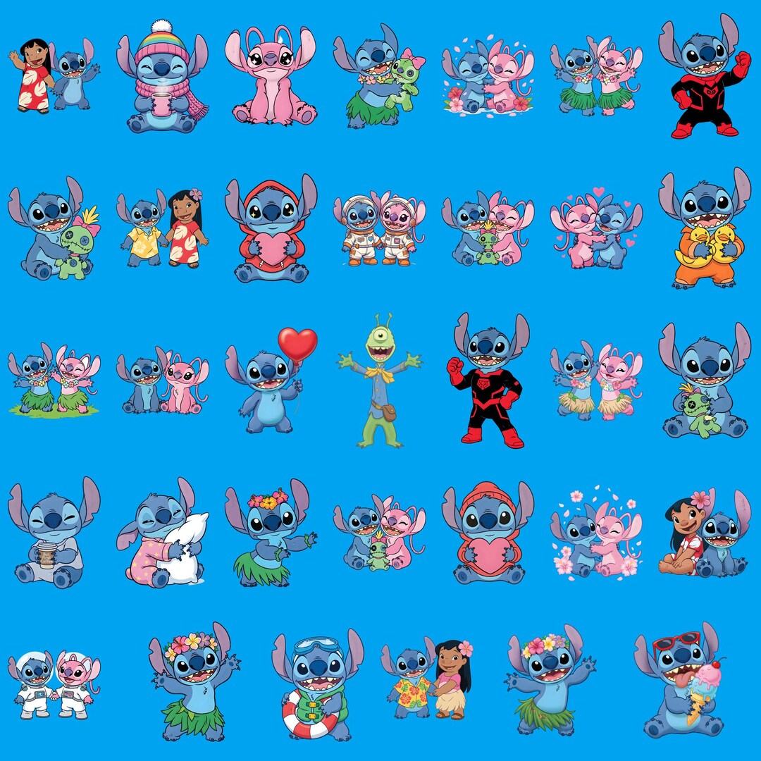Stitch Clipart PNG Bundle, Cute Cartoon Blue Alien Characters, Love ...